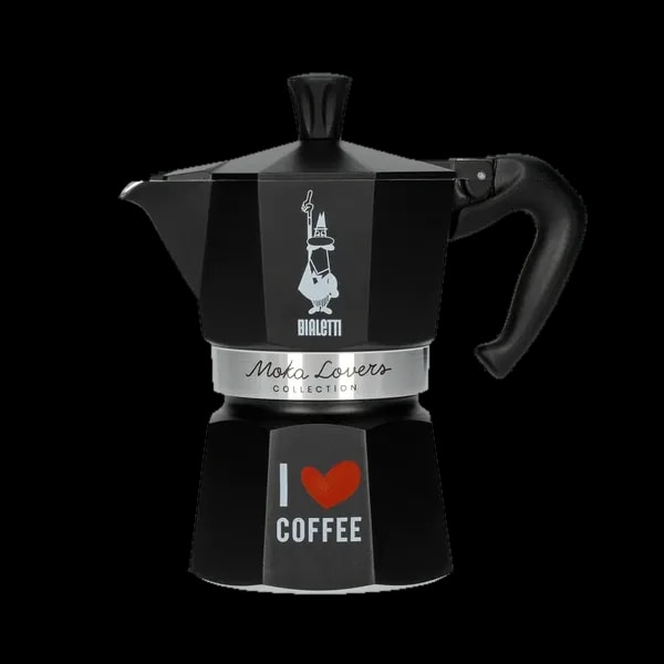 Czarna kawiarka Bialetti Moka Express z kolekcji Moka Lovers Collection, o pojemności 3 filiżanek, ozdobiona napisem "I ♥ COFFEE".