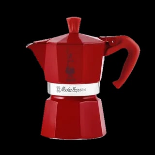 Elegancka czerwona kawiarka Bialetti Moka Express z kolekcji Wonderland, o pojemności 3 filiżanek, z klasycznym logo Bialetti. Idealna do przygotowywania aromatycznej kawy na kuchenkach gazowych i elektrycznych.