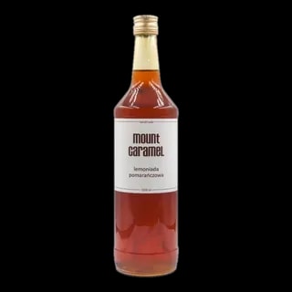 Butelka przezroczysta z lemoniadą pomarańczową Mount Carmel, ręcznie robiona, o pojemności 1000 ml, z etykietą w minimalistycznym stylu, przedstawiającą markę i smak