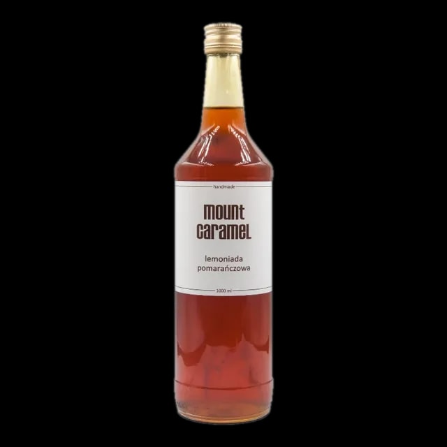 Butelka przezroczysta z lemoniadą pomarańczową Mount Carmel, ręcznie robiona, o pojemności 1000 ml, z etykietą w minimalistycznym stylu, przedstawiającą markę i smak