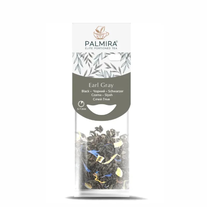 Opakowanie herbaty Earl Grey z linii Palmira, przedstawiające starannie dobrane liście czarnej herbaty z dodatkiem cytrusowych nut. Idealna na relaksujący wieczór, ta herbata jest dostępna w praktycznych porcjach, co ułatwia jej przygotowanie i zapewnia wyjątkowy smak.