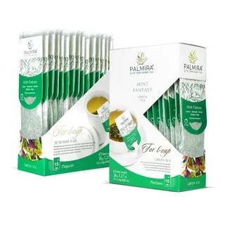 Opakowanie zielonej herbaty Palmira Mint Fantasy, zawierające 15 porcji aromatycznej mieszanki z miętą. Idealne dla miłośników świeżych naparów, które doskonale orzeźwiają i poprawiają samopoczucie.