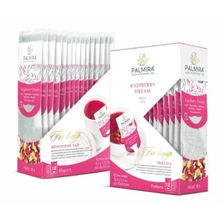 Opakowanie herbaty owocowej Palmira Raspberry Dream prezentuje 12 porcji aromatycznej mieszanki owocowej. Idealna na ciepłe dni, zachwyca smakiem świeżych malin, wprowadzając do każdego naparu nutę orzeźwienia.