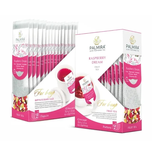 Opakowanie herbaty owocowej Palmira Raspberry Dream prezentuje 12 porcji aromatycznej mieszanki owocowej. Idealna na ciepłe dni, zachwyca smakiem świeżych malin, wprowadzając do każdego naparu nutę orzeźwienia.