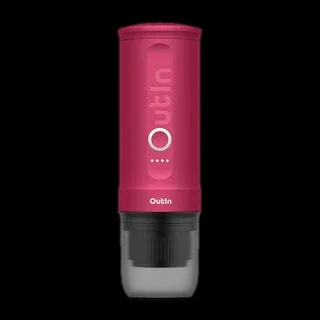 Przenośny ekspres do kawy Outin Nano Espresso Maker w kolorze czerwonym, na białym tle. Kompaktowy i lekki design, idealny do przygotowywania espresso w podróży, wyposażony w łatwy w obsłudze mechanizm oraz wytrzymałą konstrukcję