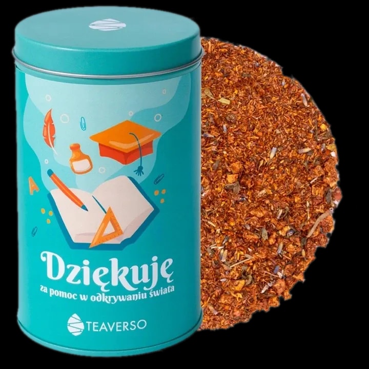 Herbata rooibos w ozdobnej puszce z motywem edukacyjnym, mieszanka 'Dziękuję za pomoc w odkrywaniu świata' od Teaverso