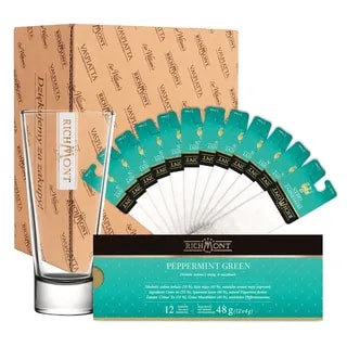 Zestaw herbat Richmont Peppermint Green – 12 saszetek herbaty zielonej z miętą oraz elegancka szklanka, idealne do przygotowania orzeźwiającej Ice Tea, dostępne w sklepie Coffee Selection.