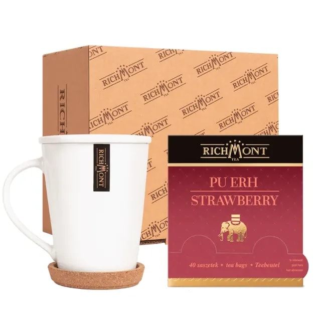Zdjęcie zestawu herbaty Pu Erh Strawberry od Richmont, który zawiera elegancką filiżankę oraz opakowanie 40 saszetek. Idealny do relaksu, ten produkt wzbogaci każdą chwilę z aromatyczną herbatą, cieszącą się rosnącą popularnością wśród miłośników naparów.