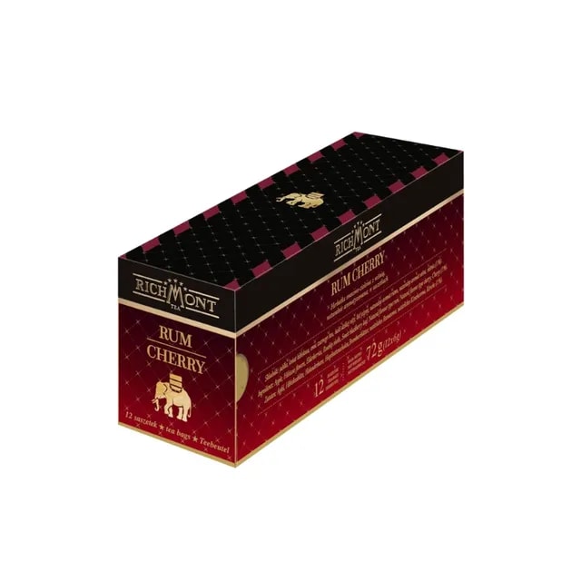 Opakowanie herbatki Rum Cherry marki Richmont prezentuje się elegancko i zachęcająco. W skład zestawu wchodzi 12 aromatycznych torebek, które łączą smak rumu z owocową nutą wiśni, idealne do delektowania się w każdych warunkach.