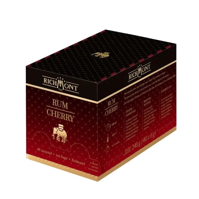 Opakowanie herbaty Rum Cherry, zawierające 40 torebek, idealne dla miłośników aromatycznych naparów. Ten wyjątkowy smak łączy intensywność rumu z delikatną nutą wiśni, tworząc niezapomniane doznania przy każdej filiżance.