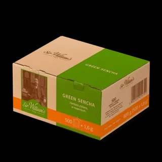 Karton z zieloną herbatą Sencha marki Sir William's, zawierający 500 torebek po 1,6 g. Produkt idealny do parzenia aromatycznego napoju, doskonałego na różne okazje.