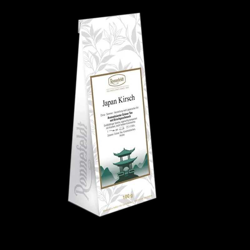 Opakowanie herbaty zielonej Ronnefeldt Japan Kirsch o smaku wiśniowym, 100g. Aromatyczna herbata inspirowana japońską tradycją, idealna na relaksujące chwile.