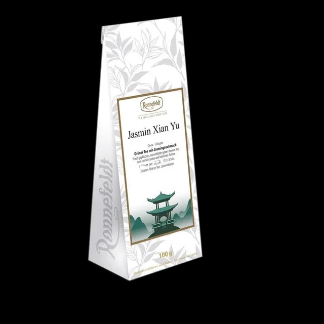 Opakowanie herbaty zielonej Ronnefeldt Jasmin Xian Yu, 100g. Herbata o delikatnym jaśminowym smaku, pochodzi z Chin. Idealna do relaksującego naparu.