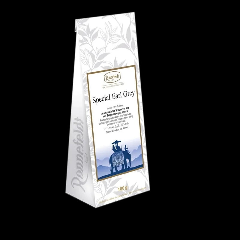 Opakowanie herbaty czarnej Ronnefeldt Special Earl Grey o aromacie bergamotki, 100g. Wyrafinowany smak herbaty liściastej, idealny na wyjątkowe okazje.