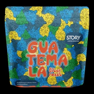 Kolorowe opakowanie kawy STORY Guatemala Agua Tibia Filter Roast 250g – jasno palona kawa do przelewu wypalana w Warszawie, w stylowej, artystycznej oprawie graficznej.