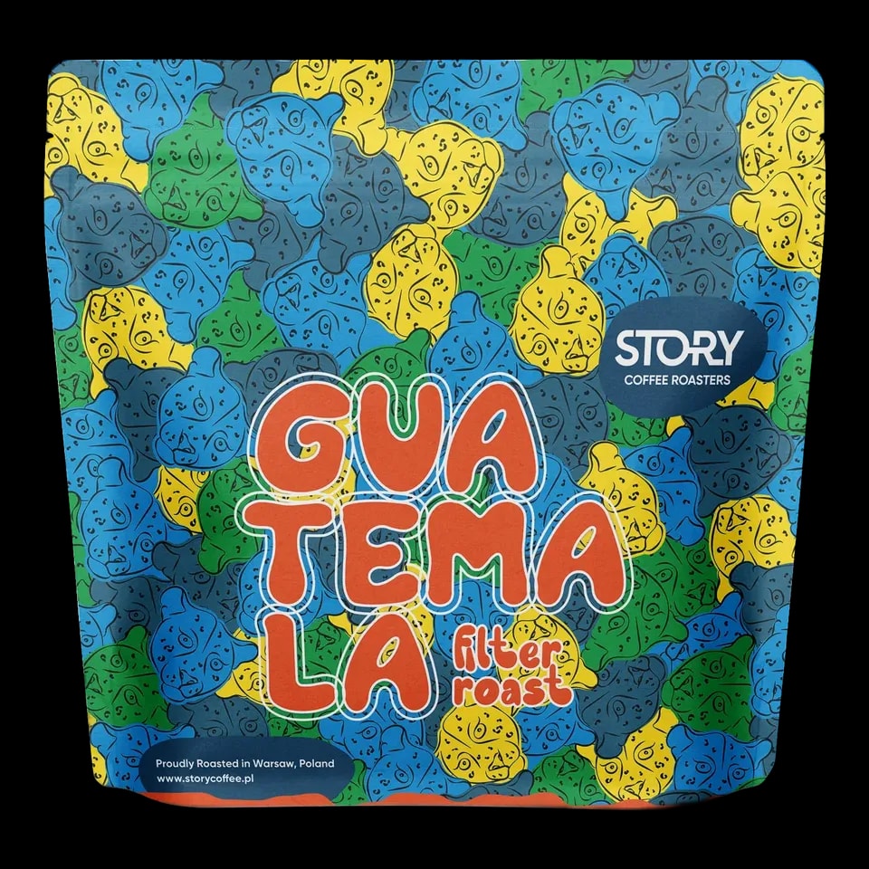 Kolorowe opakowanie kawy STORY Guatemala Agua Tibia Filter Roast 250g – jasno palona kawa do przelewu wypalana w Warszawie, w stylowej, artystycznej oprawie graficznej.
