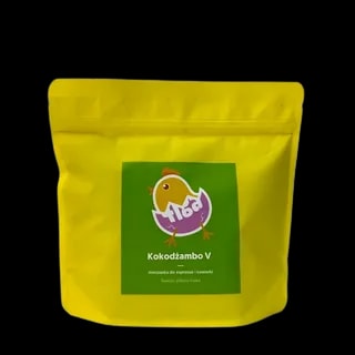 Opakowanie kawy Etno Cafe Kawa Wielkiej Mocy 250 g z brązowego papieru z jasnoniebieską etykietą i świątecznym motywem, dostępne w sklepie z kawą. Limitowana edycja Wielkanocna
