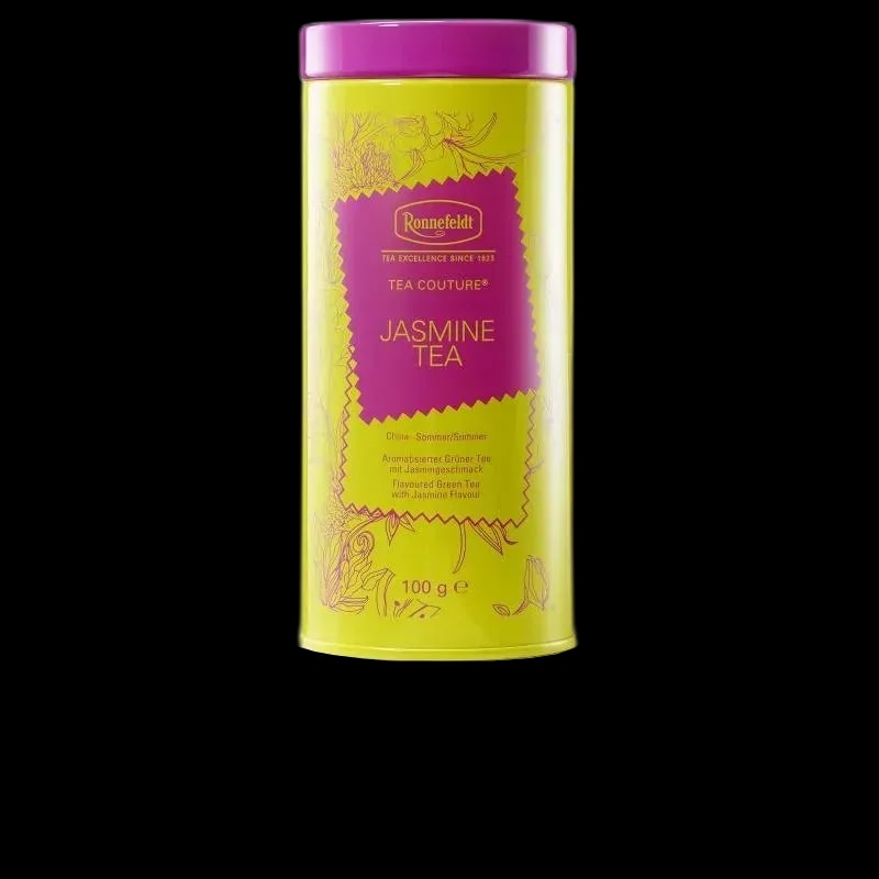 Zielona herbata jaśminowa Ronnefeldt Tea Couture Jasmine Tea w stylowej jasnozielonej puszce z różowymi akcentami, pojemność 100 g. Delikatny aromat jaśminu.
