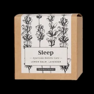 Opakowanie herbaty Teministeriet Ayurveda Sleep Organic o wadze 50g, na białym tle. Ziołowa mieszanka zawierająca melisę i lawendę, zapakowana w ekologiczne kartonowe opakowanie z minimalistycznym wzorem roślin