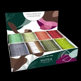 Luksusowy zestaw herbat Veertea Premium zawiera 200 kolorowych saszetek starannie ułożonych w eleganckim ekspozytorze z napisem „Exclusive Tea Collection”. Komplet oferuje szeroki wybór aromatyzowanych herbat w różnych smakach, idealnych do serwowania w biurach, hotelach i kawiarniach.