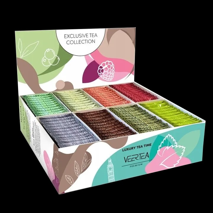 Zestaw herbat Veertea w kolorowym pudełku z motywem kwiatowym, zawierający 200 torebek herbat w różnych smakach, idealny do biura lub na prezent. Produkt dostępny do kupienia w sklepie z kawą.