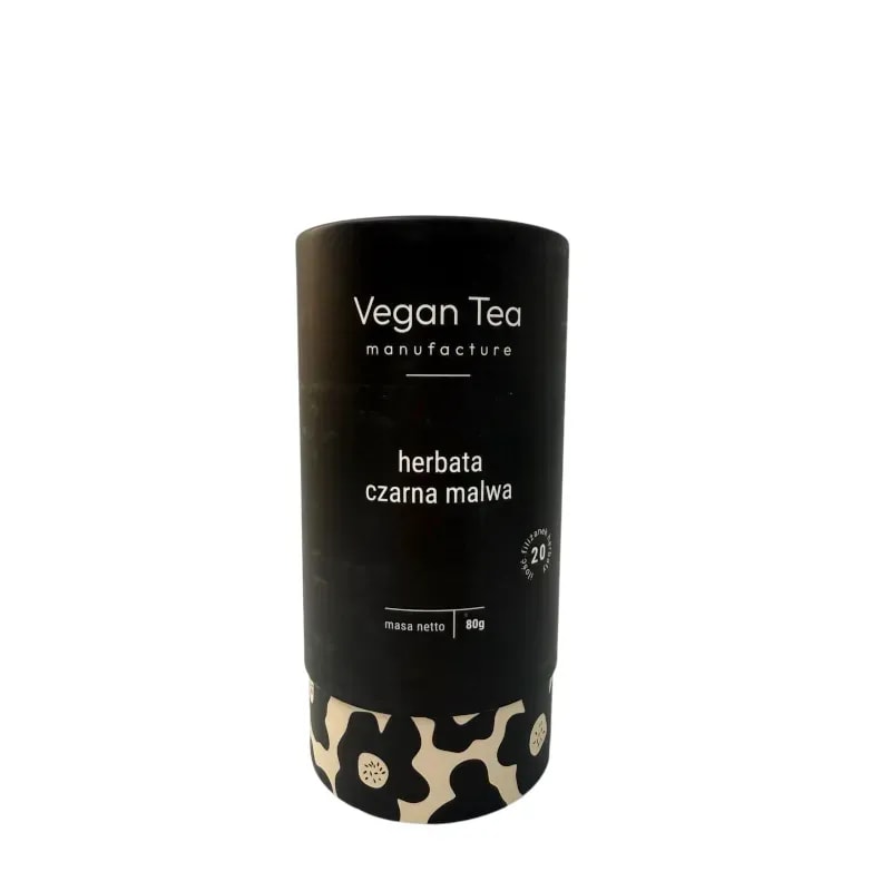 Czarne opakowanie herbaty Vegan Tea z białym napisem: „herbata czarna malwa, masa netto 80g, 20 filiżanek naparu”. Dolna część ozdobiona grafiką dużych kwiatów w czarno-kremowej tonacji. Elegancka, roślinna kompozycja z intensywnym, kwiatowym aromatem.
