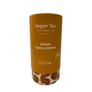 Brązowo-złote opakowanie herbaty Vegan Tea z ilustracją zawijanych ciastek cynamonowych przy podstawie. Na froncie biały napis: „herbata figowy cynamon, masa netto 80g, 20 filiżanek naparu”. Aromatyczna mieszanka figi i cynamonu idealna na chłodne wieczory.