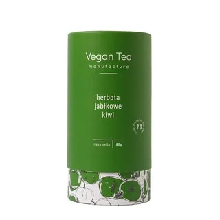 Zielone opakowanie herbaty Vegan Tea z napisem: „herbata jabłkowe kiwi, masa netto 80g, 20 filiżanek naparu”. Dolna część puszki ozdobiona grafiką zielonych jabłek i kiwi. Herbata owocowa łącząca słodycz jabłek z nutą egzotyki.