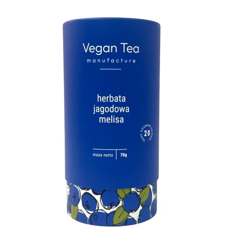 Granatowe, cylindryczne opakowanie herbaty Vegan Tea z ilustracją jagód przy podstawie. Na froncie biały napis: „herbata jagodowa melisa, masa netto 70g, 20 filiżanek naparu”. Naturalna mieszanka z nutą owocową i uspokajającą melisą.