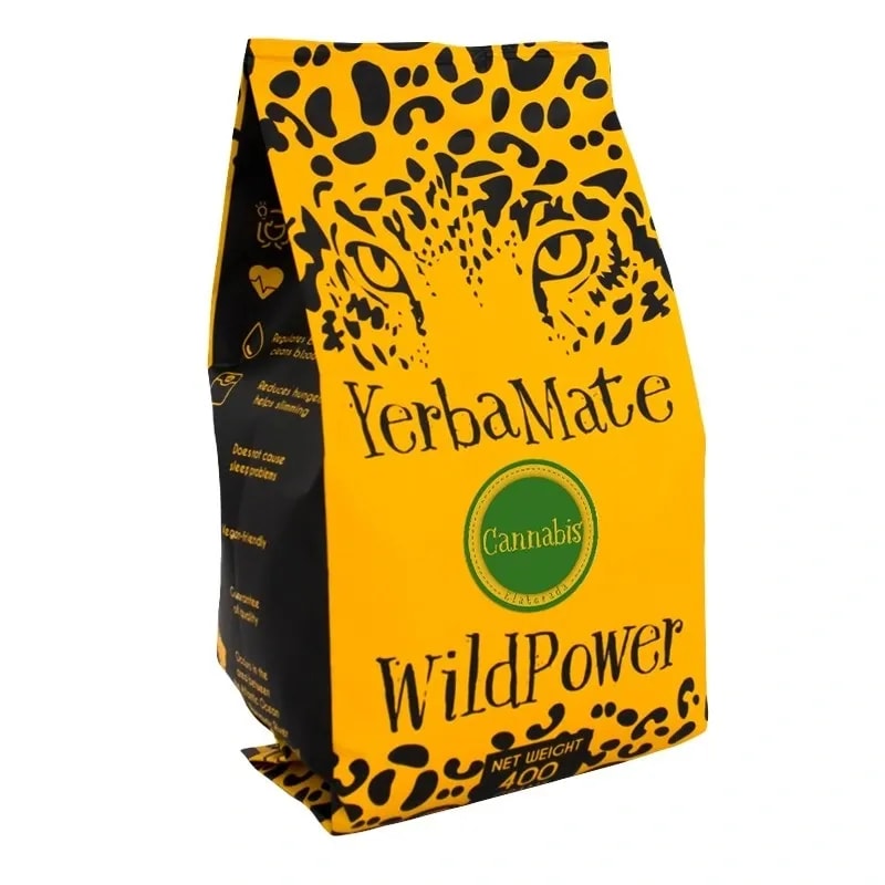 Opakowanie Yerba Mate Wild Power o wadze 400g. Produkt łączy naturalne składniki konopi, idealne dla miłośników zdrowego stylu życia oraz aromatycznych naparów.