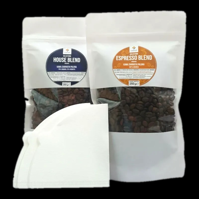 Zestaw prezentowy z kawą: kawa ziarnista House Blend, kawa ziarnista Espresso Blend, filtry do kawy