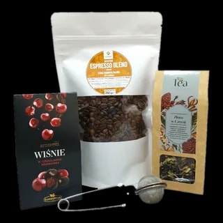 Zestaw prezentowy z produktami spożywczymi: wiśnie w czekoladzie deserowej, kawa Espresso Blend, herbata czarna Złoto w Czerń