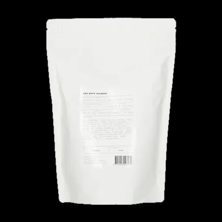 Widok tyłu opakowania herbaty White Mulberry 250g, prezentujący szczegóły produktu, w tym skład, pochodzenie i kod kreskowy.