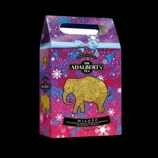 Świąteczne opakowanie Sir Adalbert's Tea Miłość z praktycznym uchwytem, zawierające czarną herbatę cejlońską premium o smaku truskawek i malin. Fioletowo-różowa kolorystyka z eleganckim złotym motywem słonia i świątecznymi ornamentami. Idealny prezent na wyjątkowe okazje lub codzienne chwile relaksu.