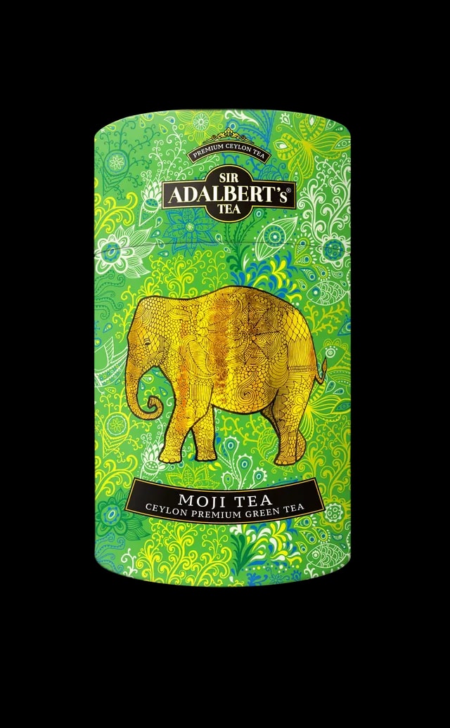 Puszka herbaty Sir Adalbert’s Moji Tea – cejlońska zielona herbata premium w dekoracyjnym opakowaniu z zielonym tłem i złotym słoniem.