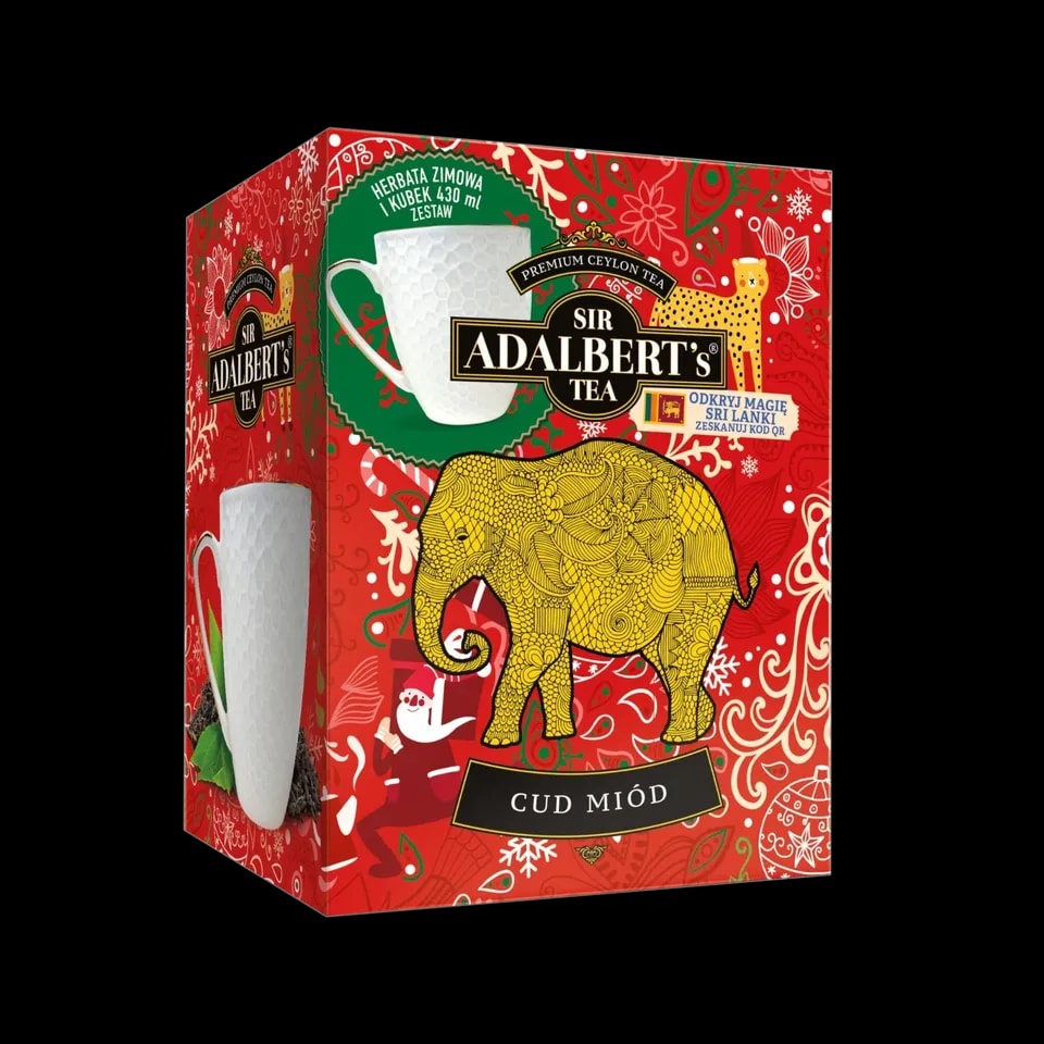 Zestaw herbaciany Sir Adalbert's Tea Cud Miód z zimową herbatą i eleganckim kubkiem o pojemności 430 ml. Wyjątkowy prezent na zimowe wieczory, inspirowany magią Sri Lanki, w atrakcyjnym opakowaniu z motywem słonia.