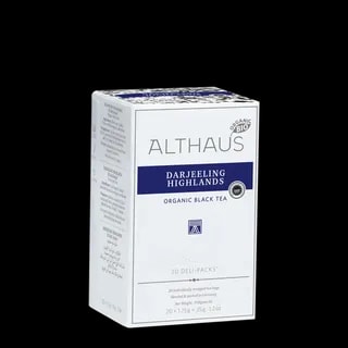 Opakowanie organicznej czarnej herbaty Althaus Darjeeling Highlands, zawierające 20 indywidualnie pakowanych saszetek, z eleganckim niebieskim i białym designem, wyprodukowane w Niemczech
