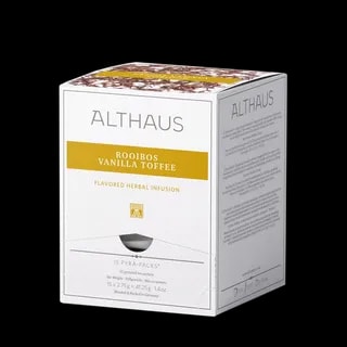 Opakowanie herbaty rooibos Althaus Rooibos Vanilla Toffee, aromatyzowana infuzja ziołowa z wanilią i toffi, zawierające 15 indywidualnie pakowanych saszetek, z eleganckim żółto-białym designem, wyprodukowane w Niemczech