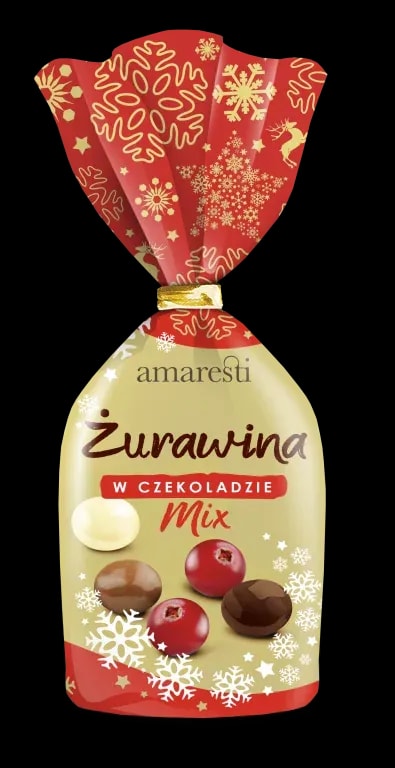Opakowanie świąteczne Amaresti Żurawina w czekoladzie mix, zawierające żurawinę oblaną mleczną, białą i ciemną czekoladą. Idealny zimowy przysmak z czerwonymi motywami śnieżynek na opakowaniu.