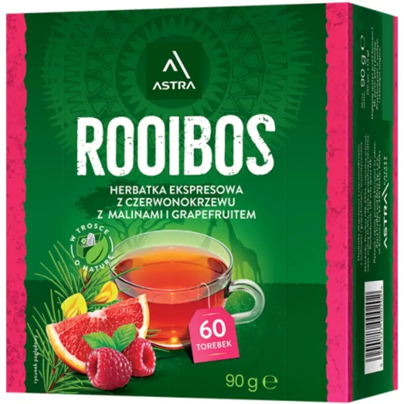 Opakowanie herbaty rooibos z czerwonego krzewu, zawierające 60 torebek. Produkt wyróżnia się wyjątkowym smakiem dzięki dodatkom malin i grejpfrutów, idealny dla miłośników aromatycznych naparów.