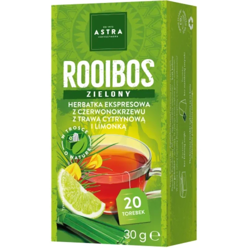 Opakowanie ekspresowej herbaty Rooibos Zielony, zawierającej 20 torebek, prezentujące świeżą herbatę z dodatkiem trawy cytrynowej i limonki. Idealna propozycja dla miłośników zdrowych naparów, doskonała na każdą okazję, dostępna w sklepie internetowym z kawą i herbatą.