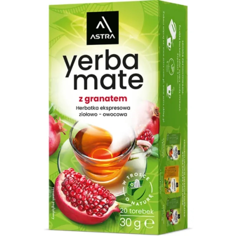 Opakowanie herbatki ekspresowej Yerba Mate z granatem w atrakcyjnym designie. Zawiera 20 torebek, które oferują wyjątkowy smak ziołowo-owocowej mieszanki, idealne dla miłośników aromatycznych naparów.