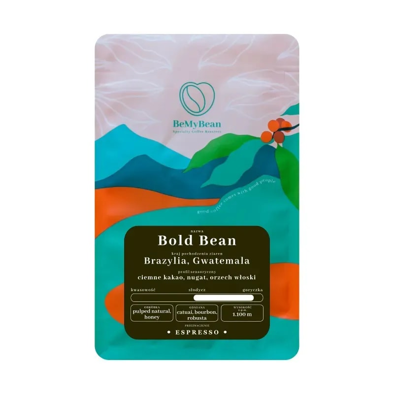 Opakowanie kawy Bold Bean z Gwatemali z unikalnym profilem smakowym, zawierające nuty ciemnego kakao, nugat i orzechów włoskich. Idealna do przygotowania espresso, ta kawa zachwyca jakością i aromatem, doskonale wpisując się w ofertę naszego sklepu z kawą i herbatą.