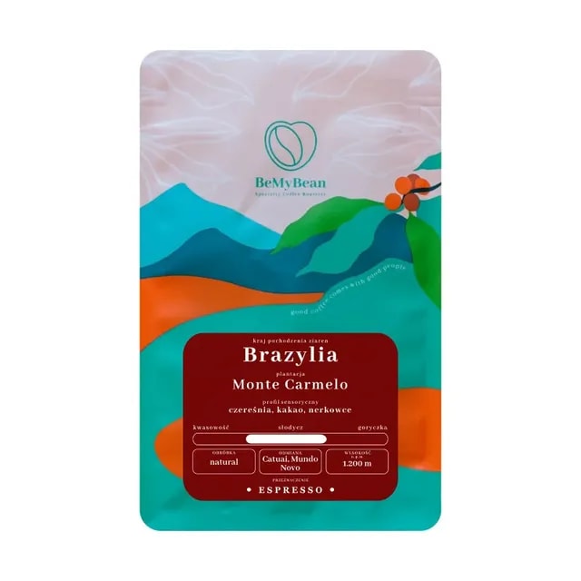 Opakowanie kawy Brazylia Monte Carmelo z wyraźnym logo BeMyBean, przedstawiające kolorowe wzory górskie. Idealna do espresso, ta kawa charakteryzuje się nutami czereśni, kakao i orzechów, co czyni ją perfekcyjnym wyborem dla miłośników wysokiej jakości napojów kawowych.