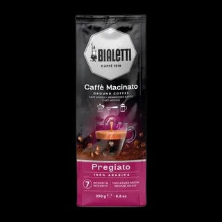 Opakowanie kawy ziarnistej Bialetti Caffè in Grani Pregiato o pojemności 1 kg. Eleganckie czarne opakowanie z logo Bialetti, fioletem i filiżanką aromatycznego espresso. Kawa 100% Arabica, intensywność 6, średni stopień palenia. Idealna do ekspresów ciśnieniowych i młynków, oferująca delikatny smak z nutami owocowymi i czekoladowymi.
