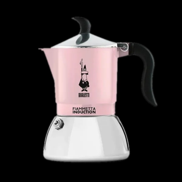 Różowa kawiarka Bialetti Fiammetta Induction 2tz na białym tle, tradycyjna włoska kawiarka do parzenia kawy na indukcję, model Primavera, z czarnym ergonomicznym uchwytem i srebrnym wykończeniem, idealna do przygotowywania espresso w domu