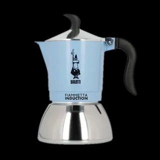 Kawiarka Bialetti Fiametta Induction 4tz w kolorze błękitnym. Kawiarka posiada czarny uchwyt, srebrny dolny pojemnik oraz logo Bialetti z postacią wskazującą palcem do góry. Dolna część jest przystosowana do używania na płytach indukcyjnych.