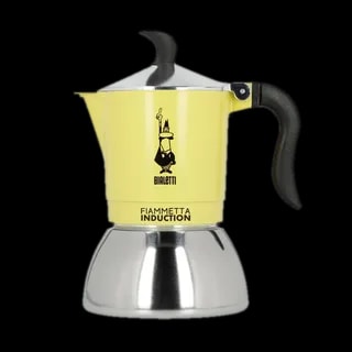 Kawiarka Bialetti Fiametta Induction 4tz w kolorze żółtym. Kawiarka posiada czarny uchwyt, srebrny dolny pojemnik oraz logo Bialetti z postacią wskazującą palcem do góry. Dolna część jest przystosowana do używania na płytach indukcyjnych.