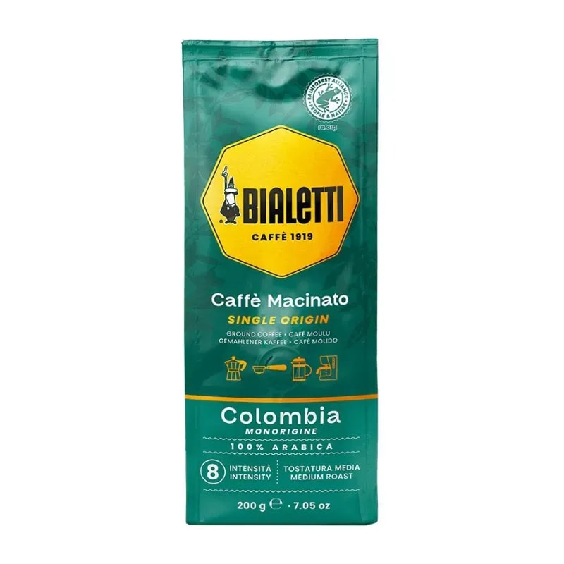 Opakowanie kawy mielonej Bialetti Caffè Macinato, pochodzącej z Kolumbii, zawiera 100% arabiki o średnim paleniu. Produkt idealny do parzenia espresso, doskonały dla miłośników intensywnych aromatów i smaków.