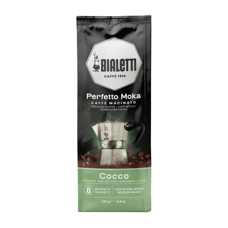 Opakowanie kawy mielonej Bialetti Perfetto Moka z nutą kokosa, idealne do espresso i kawy moka. Wyjątkowy smak i intensywność 8, sprawiają, że każda filiżanka to prawdziwa przyjemność dla koneserów kawy.